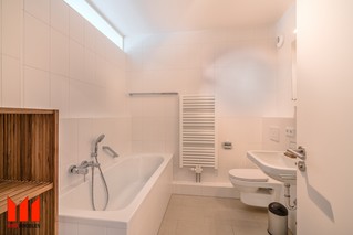 Salle de bain avec baignoire et douche, puits de lumière