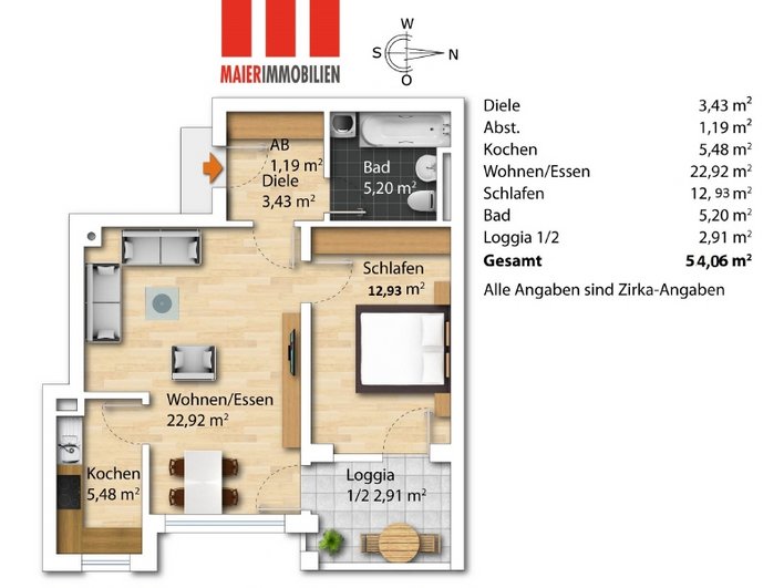 Appartamento di 2.5 locali completamente rinnovato al 3 ° piano con loggia sud-est e TG in una posizione tranquilla